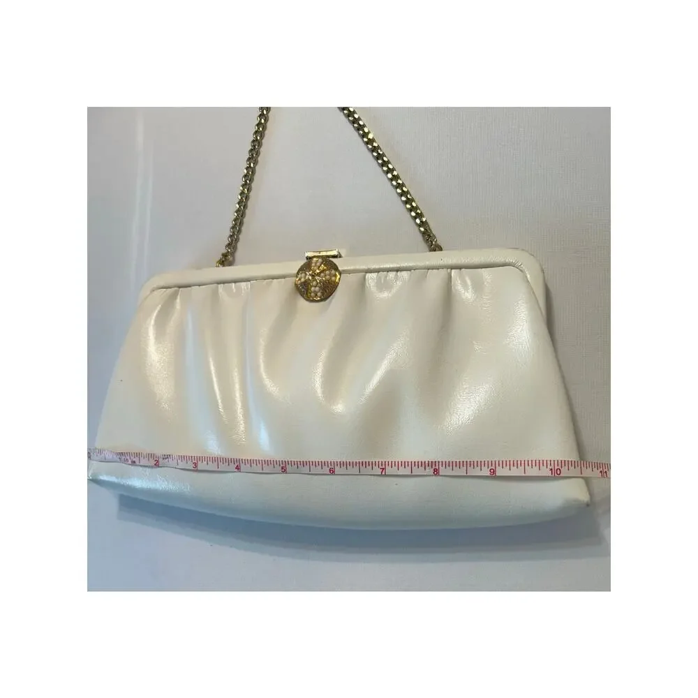 Vintage 60s/70s White Leather Clutch With Gold Chain And Accents